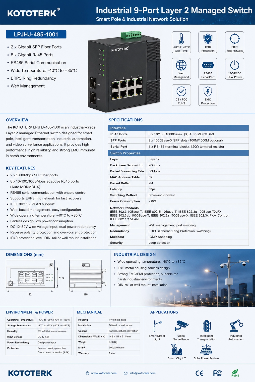Industrial Network Solution for Smart Street Lighting | Gigabit Fiber Managed Industrial Switch